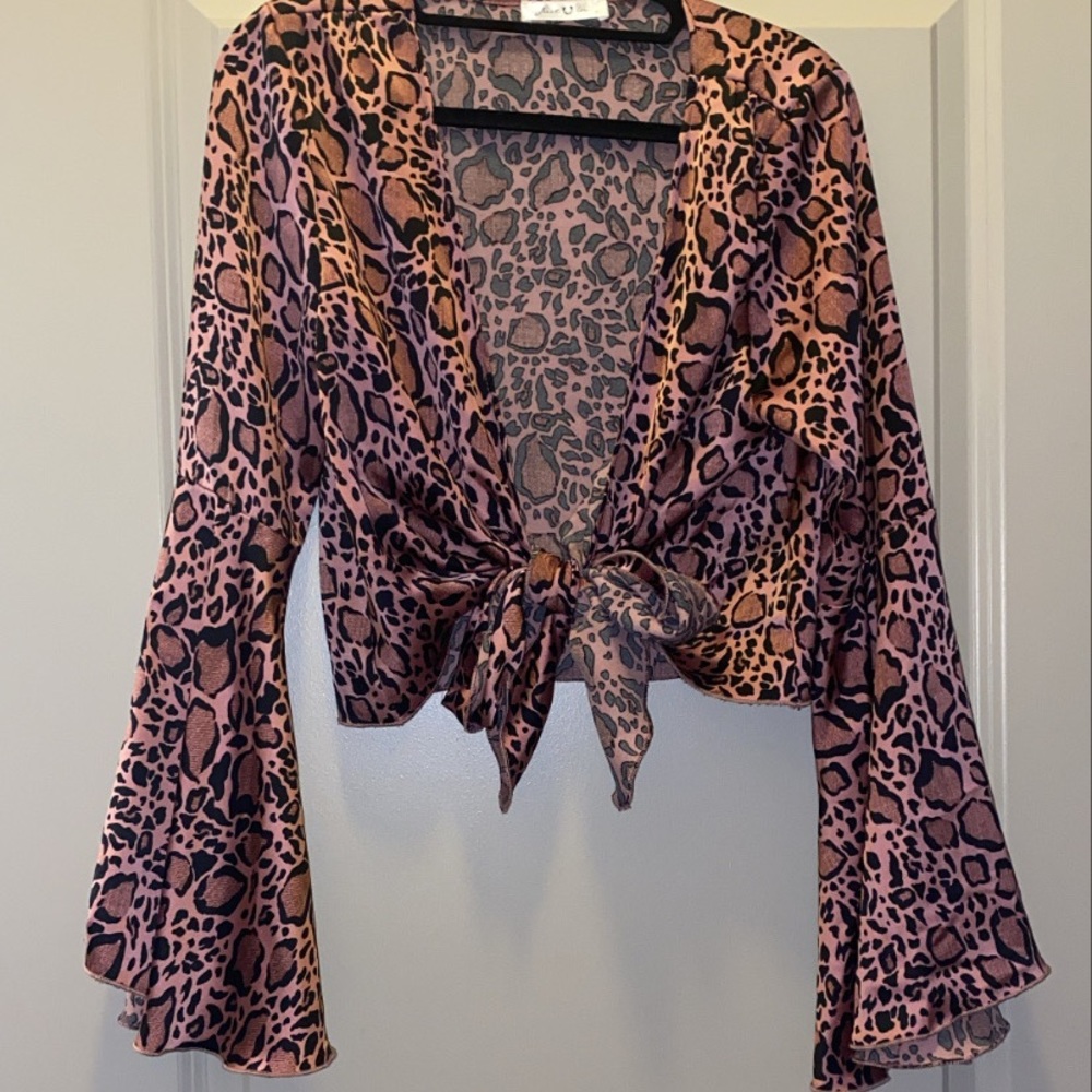 Pink silk cheetah tie crop top blouse
